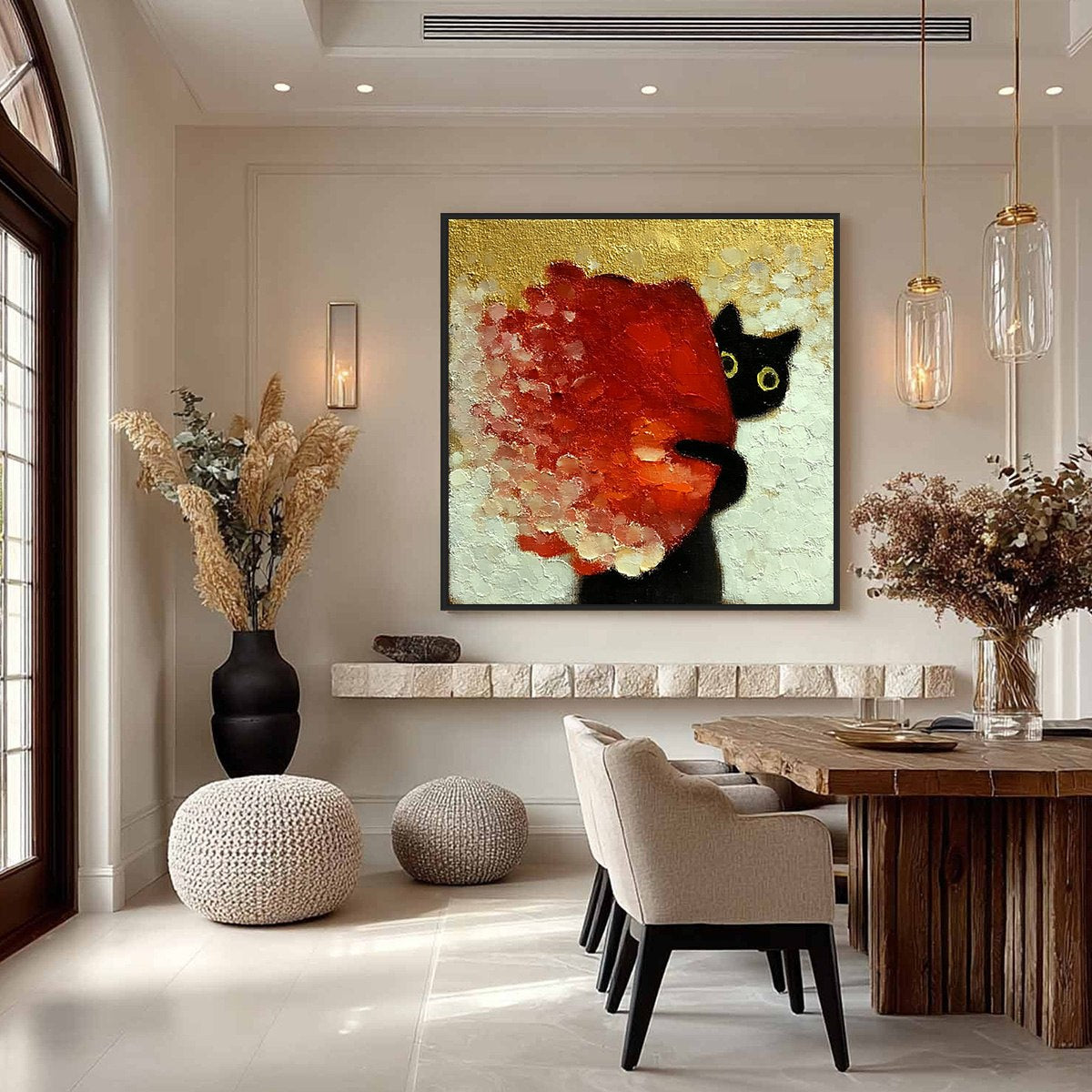 PEEKABOO: Textured Impasto Black Cat and Red Flower Painting - Image 4