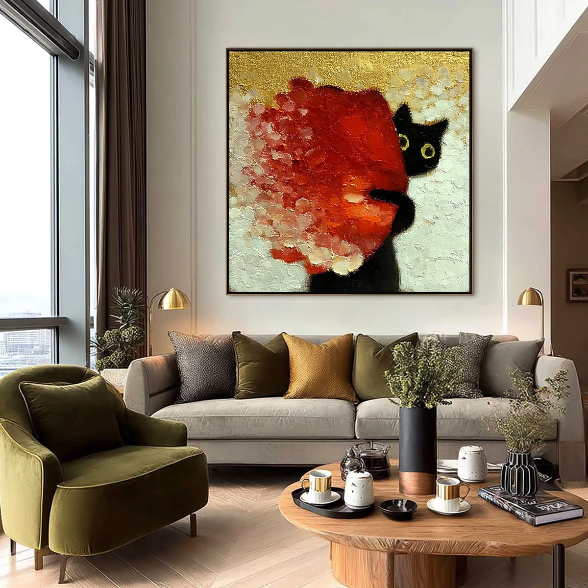 PEEKABOO: Textured Impasto Black Cat and Red Flower Painting - Image 6