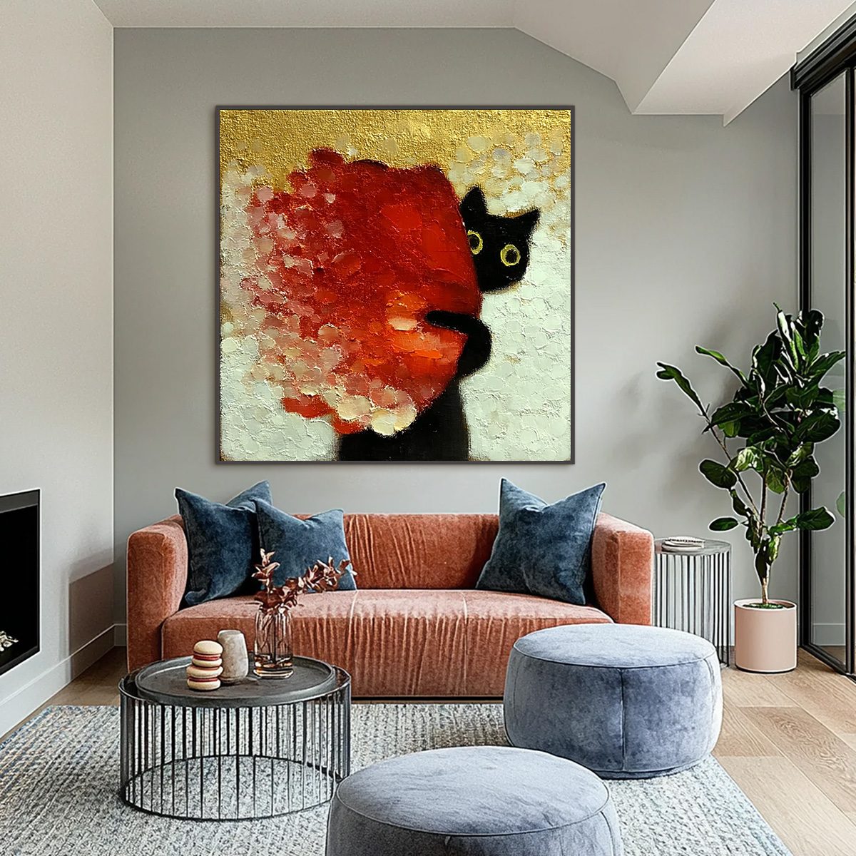 PEEKABOO: Textured Impasto Black Cat and Red Flower Painting - Image 2