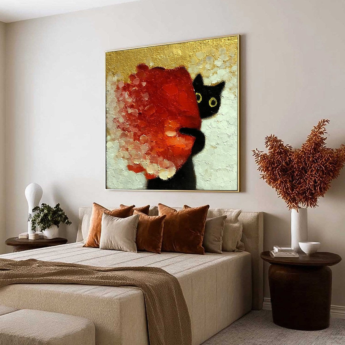 PEEKABOO: Textured Impasto Black Cat and Red Flower Painting - Image 7