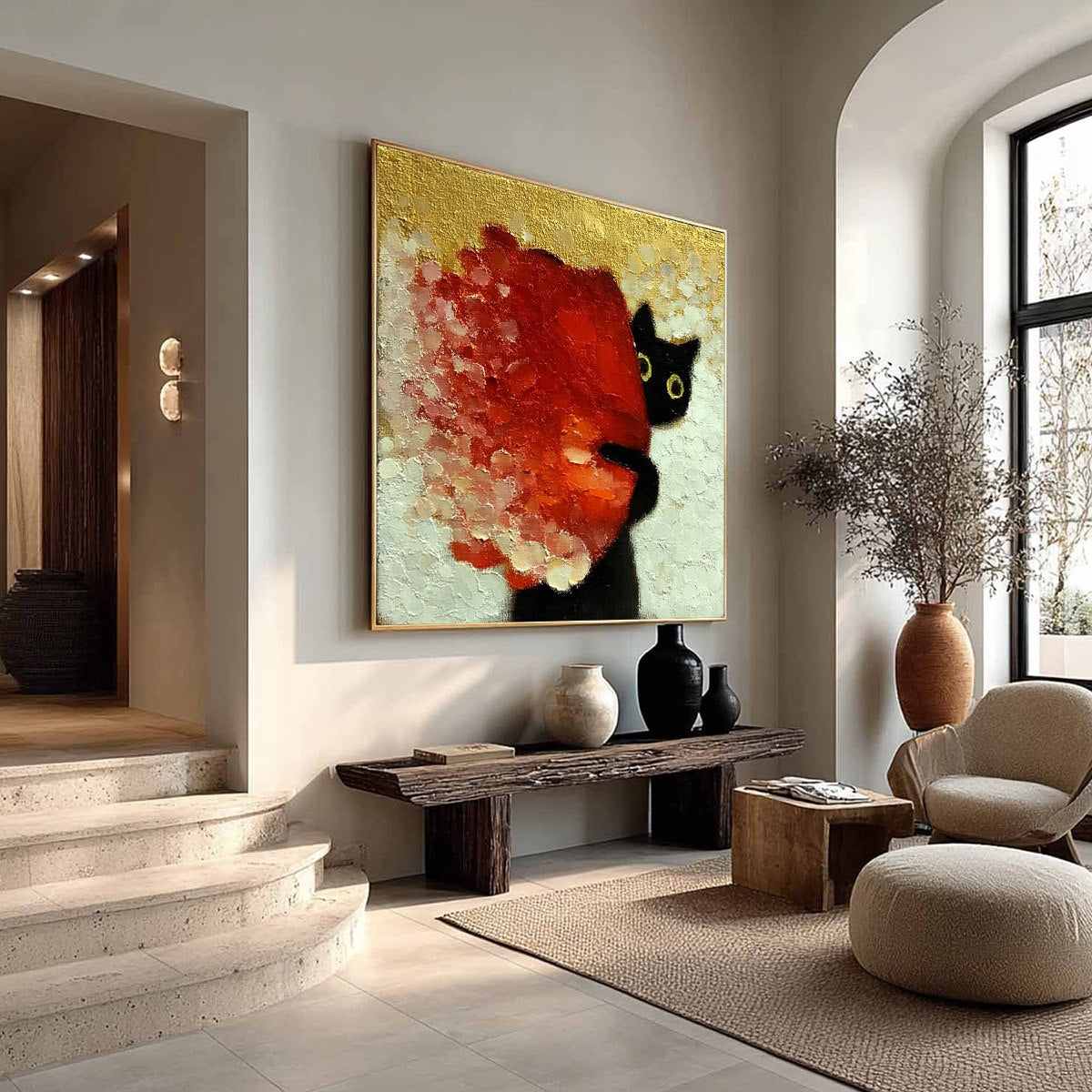 PEEKABOO: Textured Impasto Black Cat and Red Flower Painting - Image 8