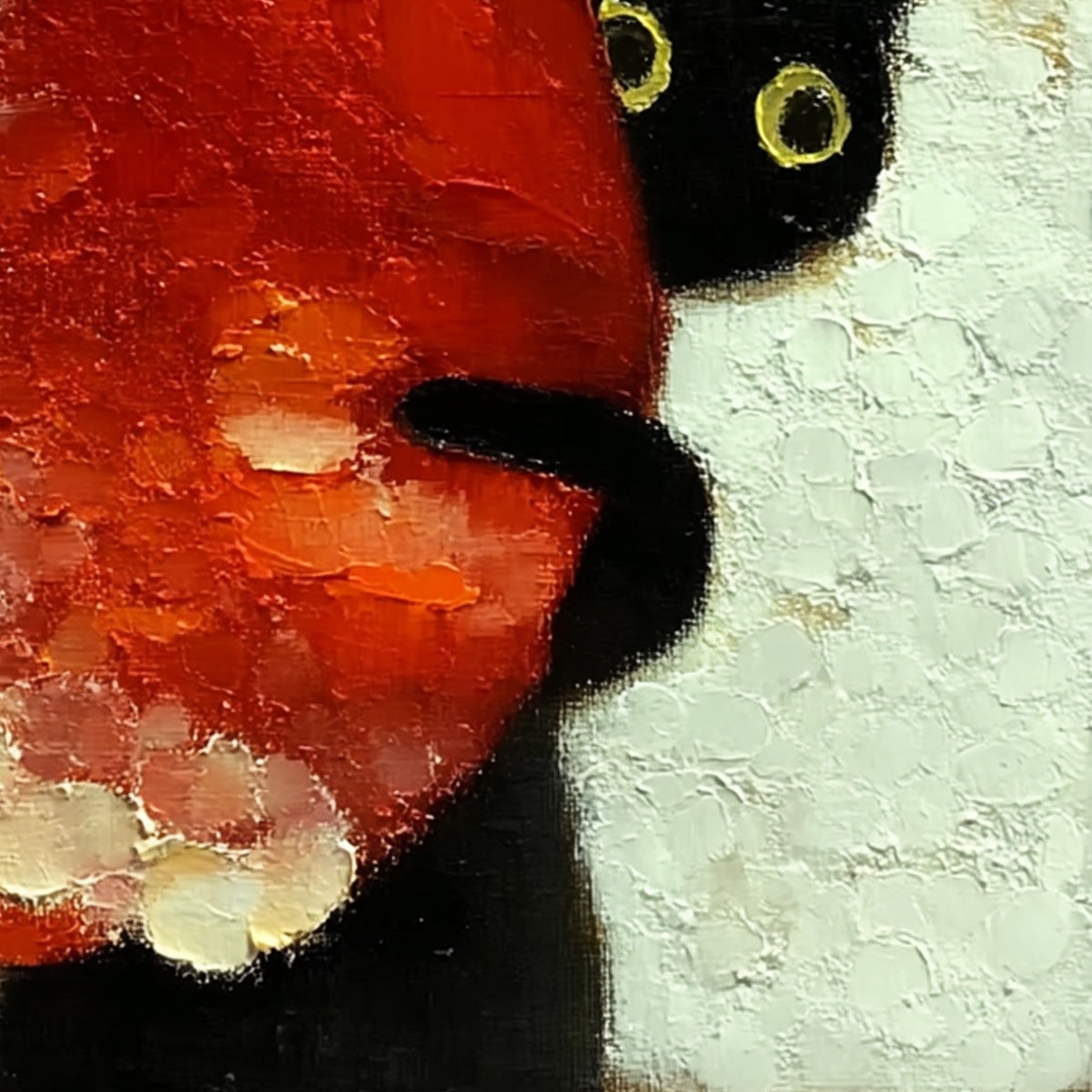 PEEKABOO: Textured Impasto Black Cat and Red Flower Painting - Image 3