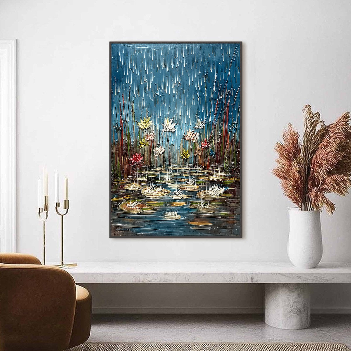 PETRICHOR BLOSSOMS: Textured Impasto Painting of Water Lilies in the Rain - Image 2