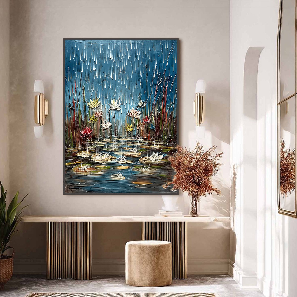 PETRICHOR BLOSSOMS: Textured Impasto Painting of Water Lilies in the Rain - Image 6