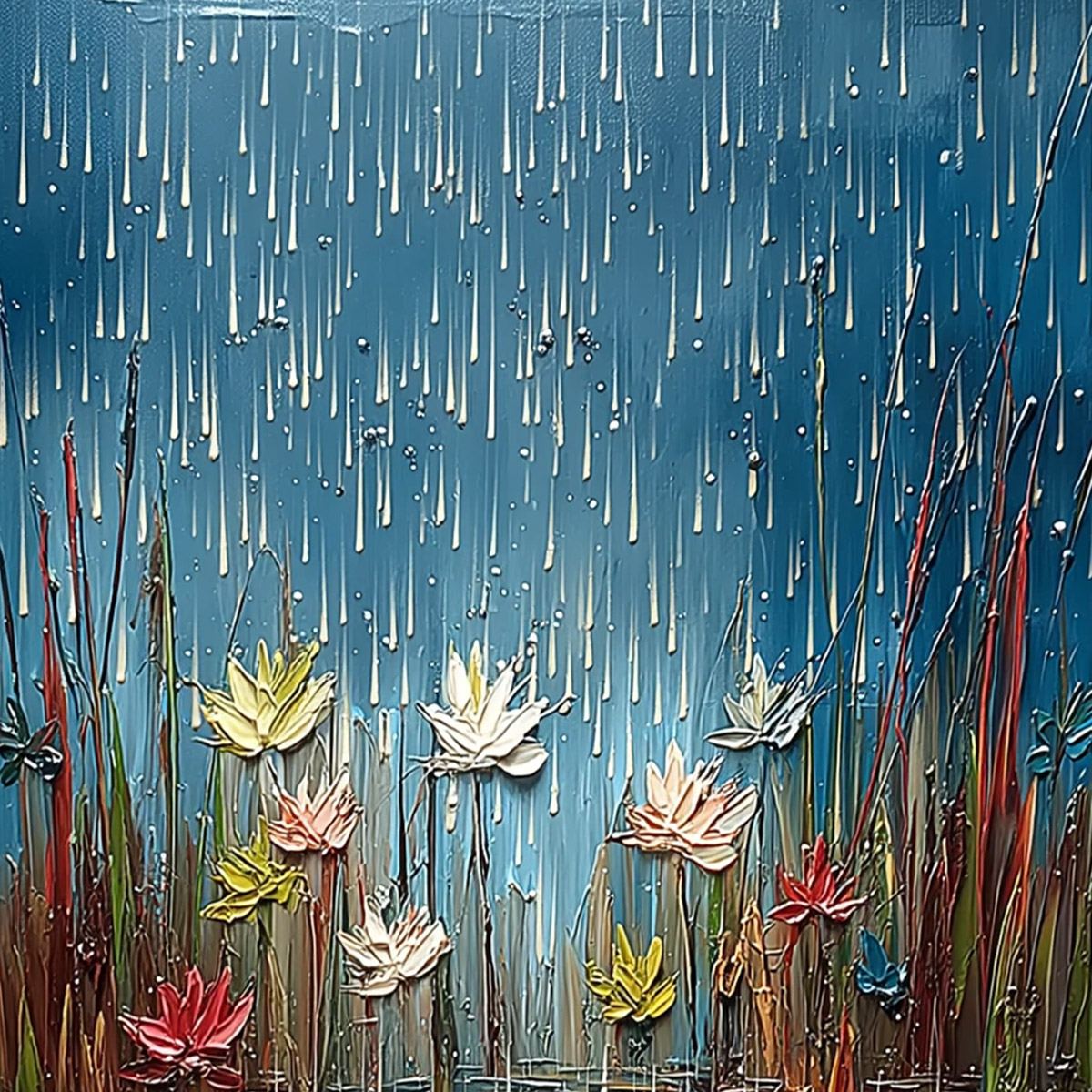 PETRICHOR BLOSSOMS: Textured Impasto Painting of Water Lilies in the Rain - Image 3