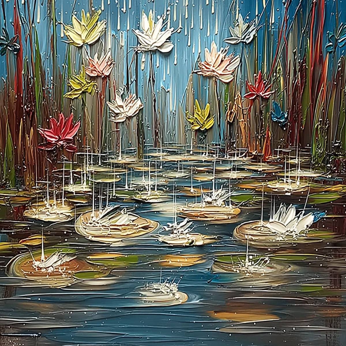PETRICHOR BLOSSOMS: Textured Impasto Painting of Water Lilies in the Rain - Image 5