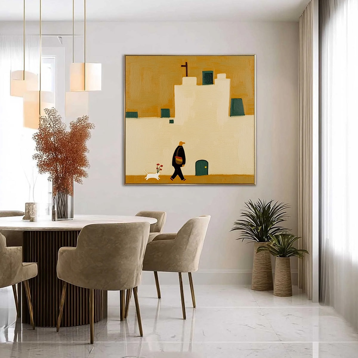 PILGRIM'S PATH: Minimalist Figurative Painting of a Spanish Village Scene - Image 4
