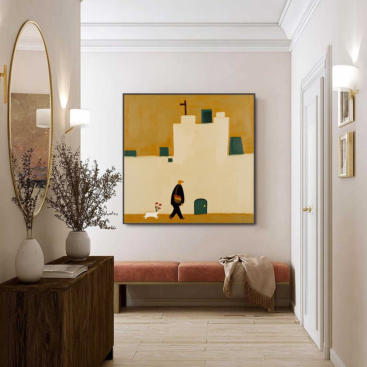 PILGRIM'S PATH: Minimalist Figurative Painting of a Spanish Village Scene - Image 6