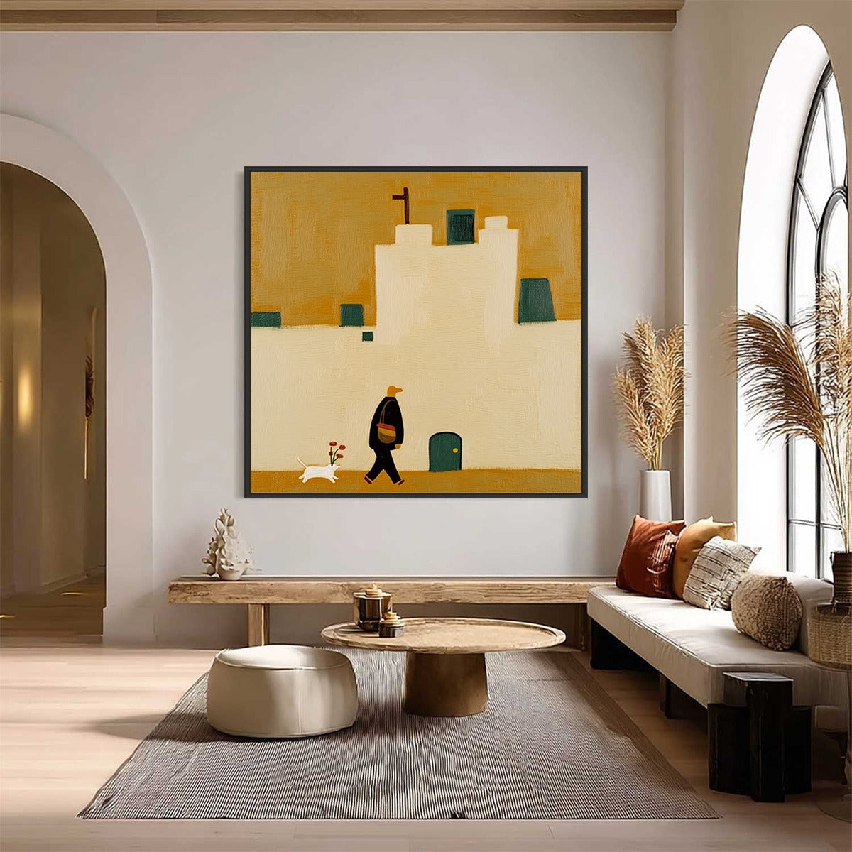 PILGRIM'S PATH: Minimalist Figurative Painting of a Spanish Village Scene - Image 2