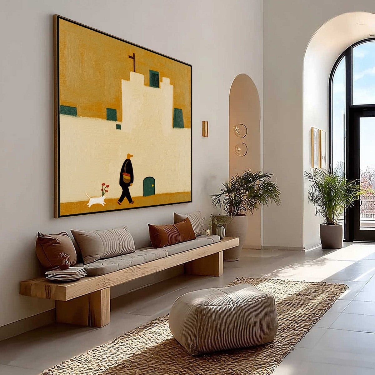 PILGRIM'S PATH: Minimalist Figurative Painting of a Spanish Village Scene - Image 7