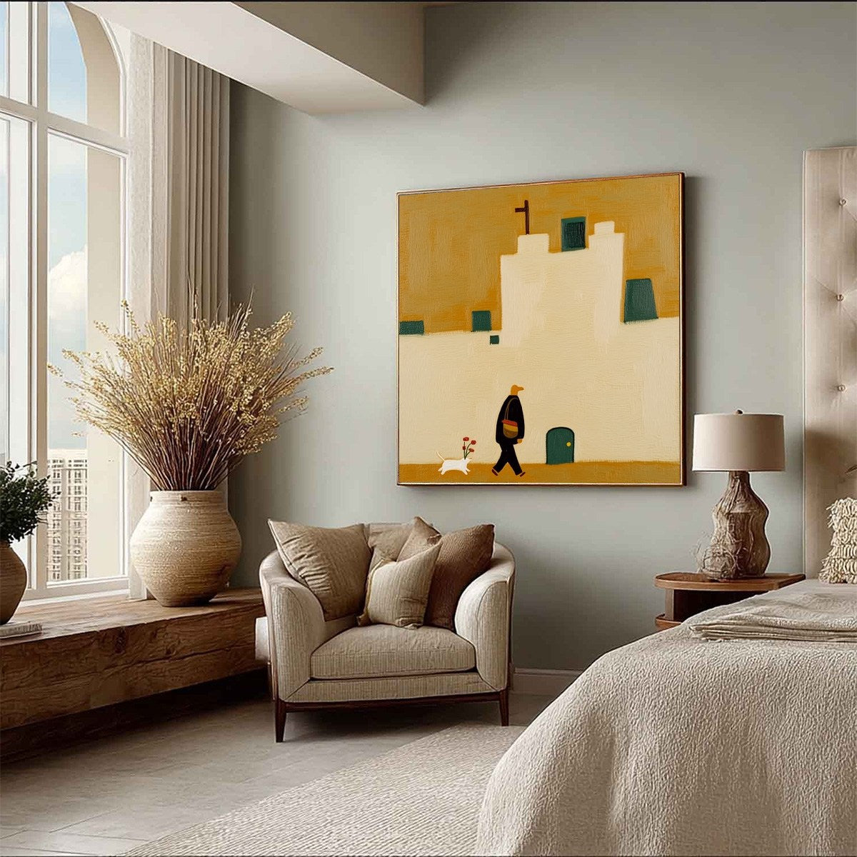 PILGRIM'S PATH: Minimalist Figurative Painting of a Spanish Village Scene - Image 8