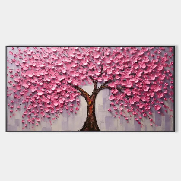 PINK BLOSSOM ABUNDANCE: Textured Impasto Cherry Blossom Tree Painting, Horizontal Wall Art