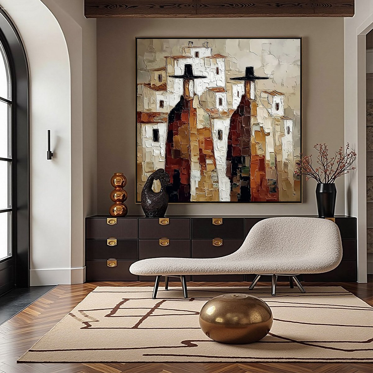Pueblo Vigilantes Textured Abstract Cityscape Oil Painting - Image 4