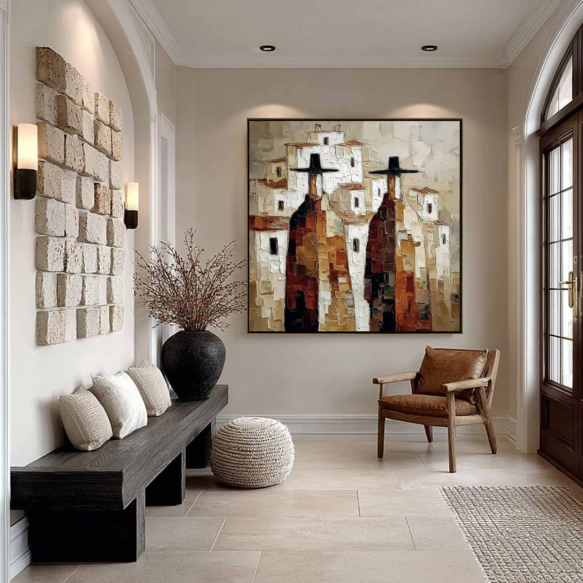 Pueblo Vigilantes Textured Abstract Cityscape Oil Painting - Image 6