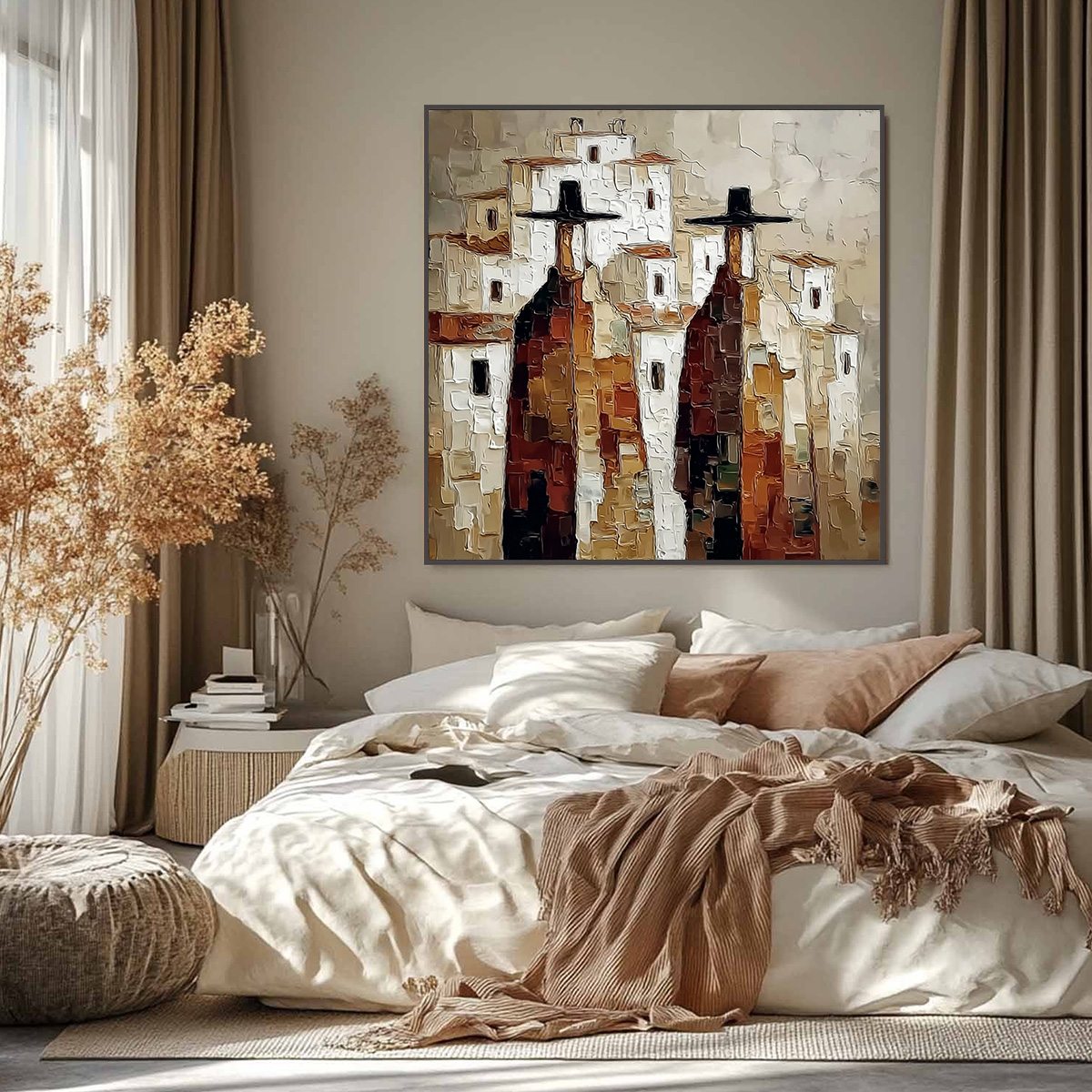 Pueblo Vigilantes Textured Abstract Cityscape Oil Painting - Image 2