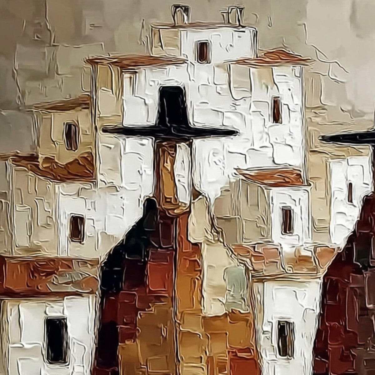 Pueblo Vigilantes Textured Abstract Cityscape Oil Painting - Image 5