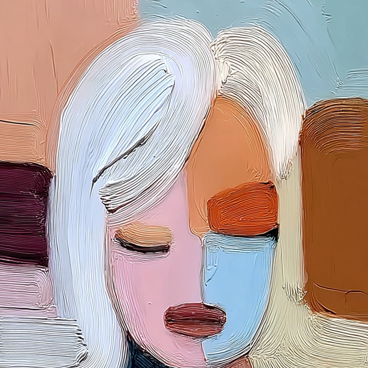 QUIET CONTEMPLATION: Textured Abstract Portrait Oil Painting - Image 3