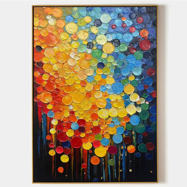 RAINBOW DROPS: Vertical Abstract Painting with Colorful Circles, Textured Impasto, Modern Wall Art