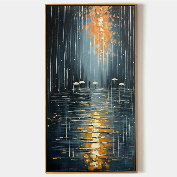 RAINY DAY REFLECTIONS: Vertical Painting of a Rainy City Street, Minimalist Figures, Modern Wall Art, Blue and Gold