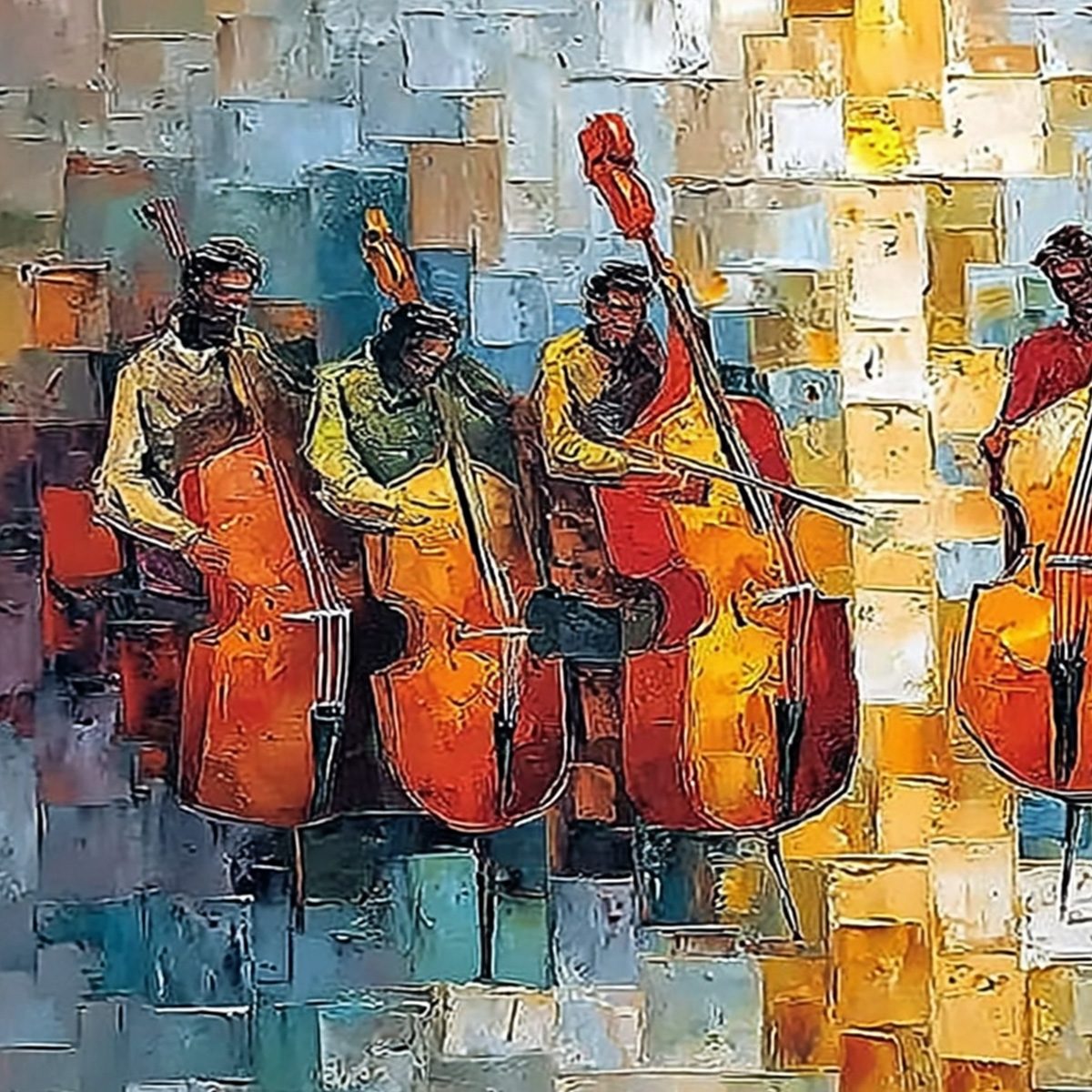 RHYTHM IN HUE: Textured Palette Knife Painting of a Cello Ensemble - Image 3