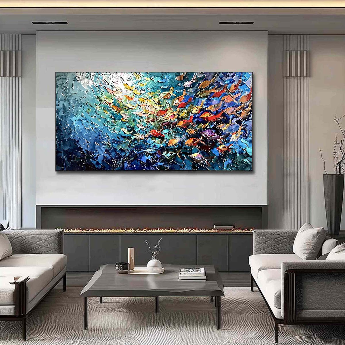 RIVER OF LIFE: Colorful Abstract Fish School Impasto Oil Painting - Image 4