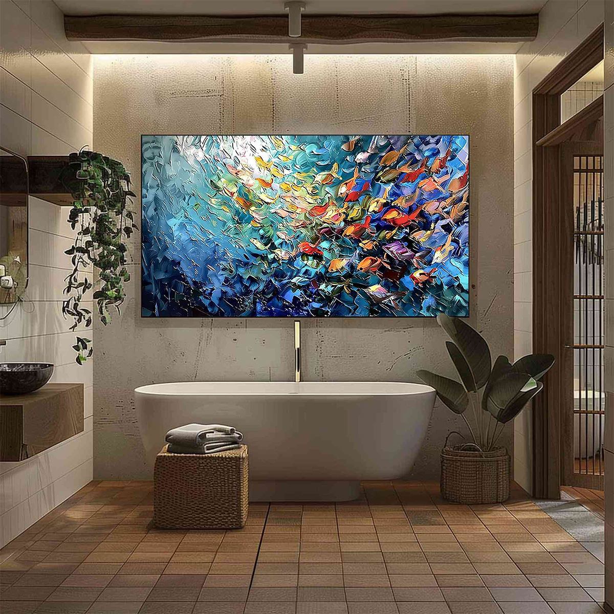 RIVER OF LIFE: Colorful Abstract Fish School Impasto Oil Painting - Image 6