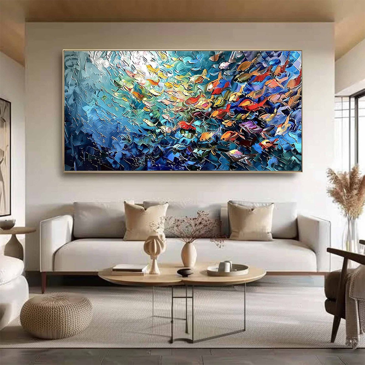 RIVER OF LIFE: Colorful Abstract Fish School Impasto Oil Painting - Image 2