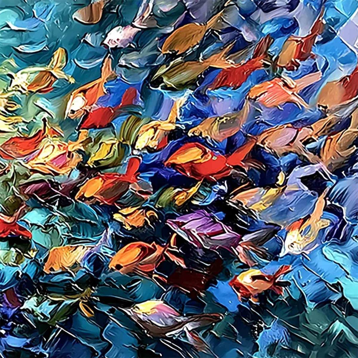 RIVER OF LIFE: Colorful Abstract Fish School Impasto Oil Painting - Image 5
