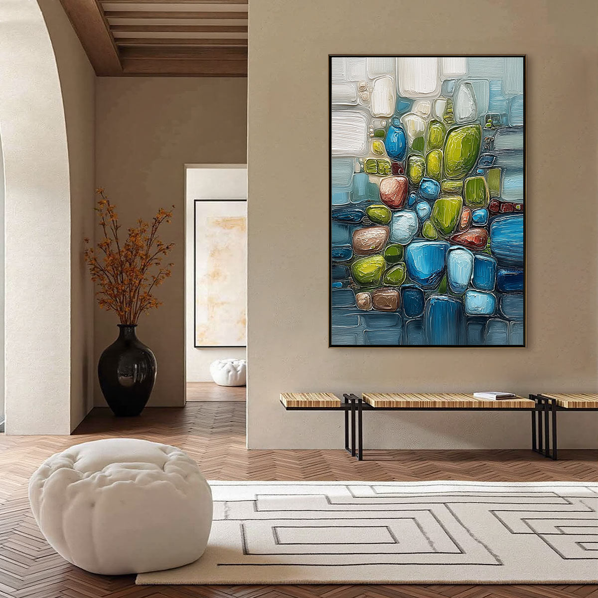 RIVERBED GEMS: Textured Vertical Abstract Impasto Wall Art - Image 6