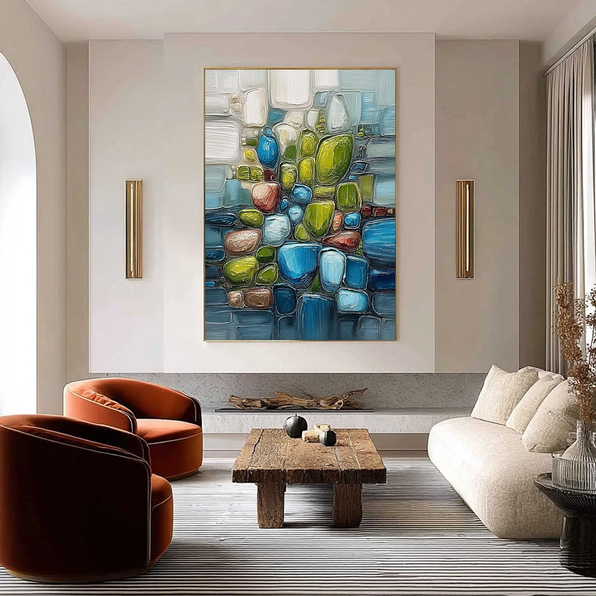 RIVERBED GEMS: Textured Vertical Abstract Impasto Wall Art - Image 2