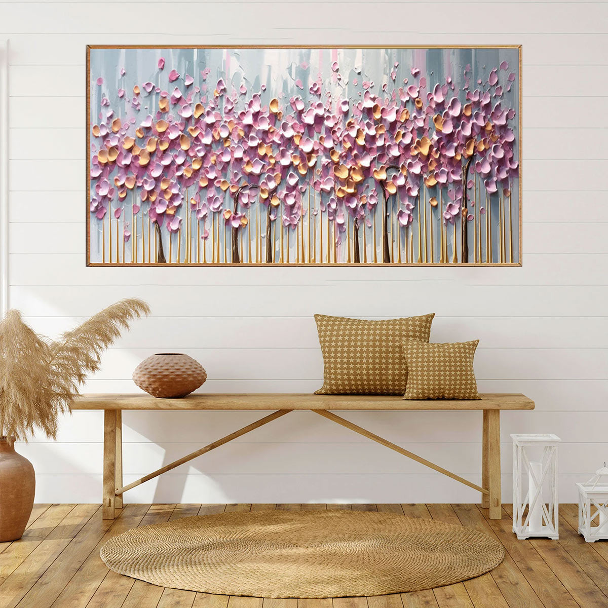ROSEWOOD DAWN: Textured Floral Landscape Oil Painting in Pink - Image 5