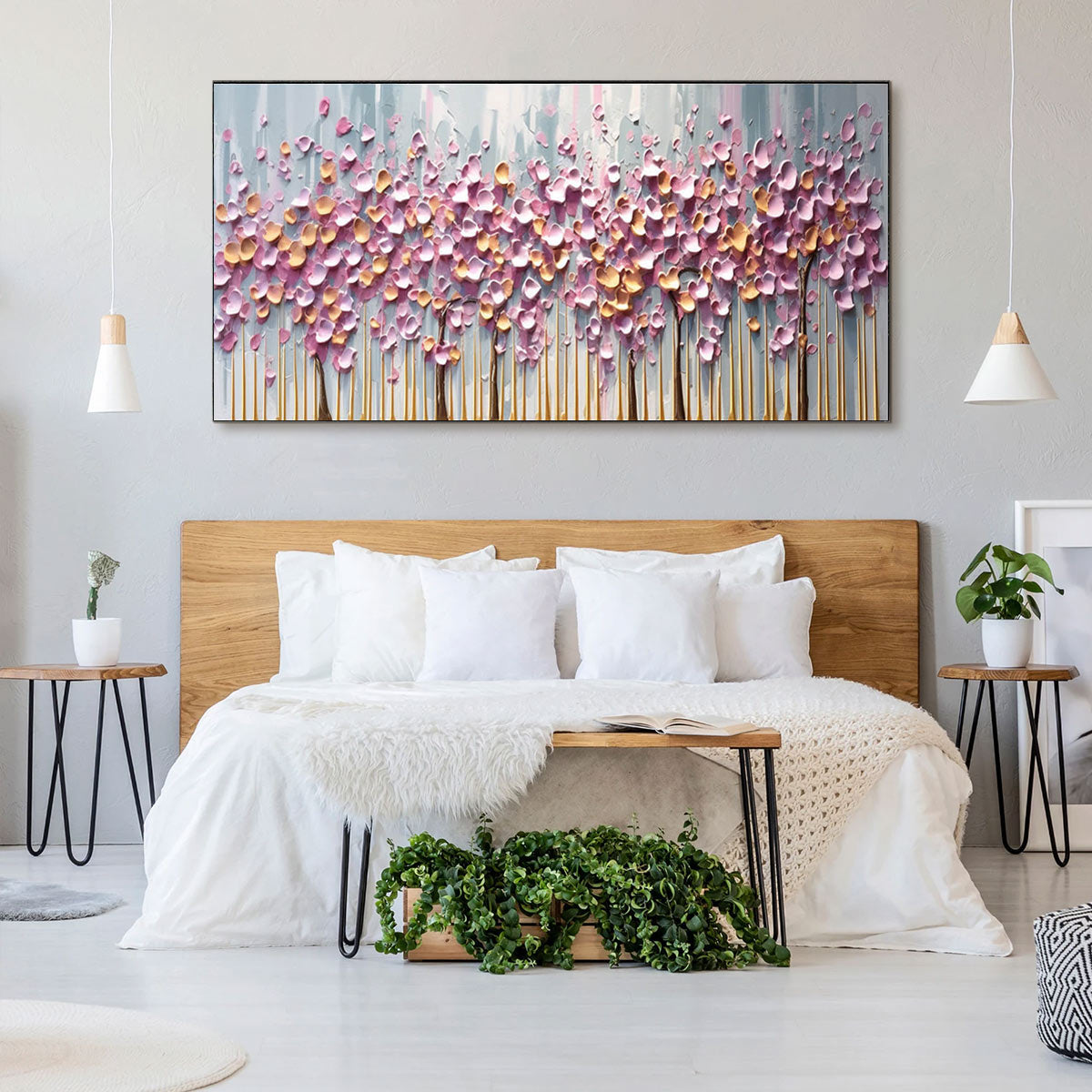ROSEWOOD DAWN: Textured Floral Landscape Oil Painting in Pink - Image 7