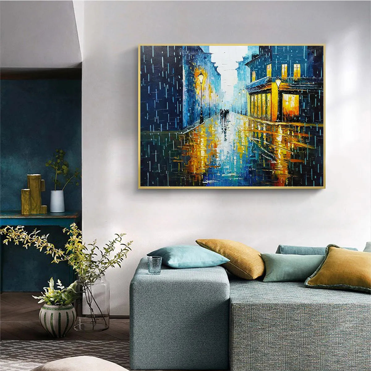 RAINY NIGHT IN PARIS: Textured Cityscape Painting, Rainy Street Scene, Blue, Living Room, Dining Room, Office - Image 7