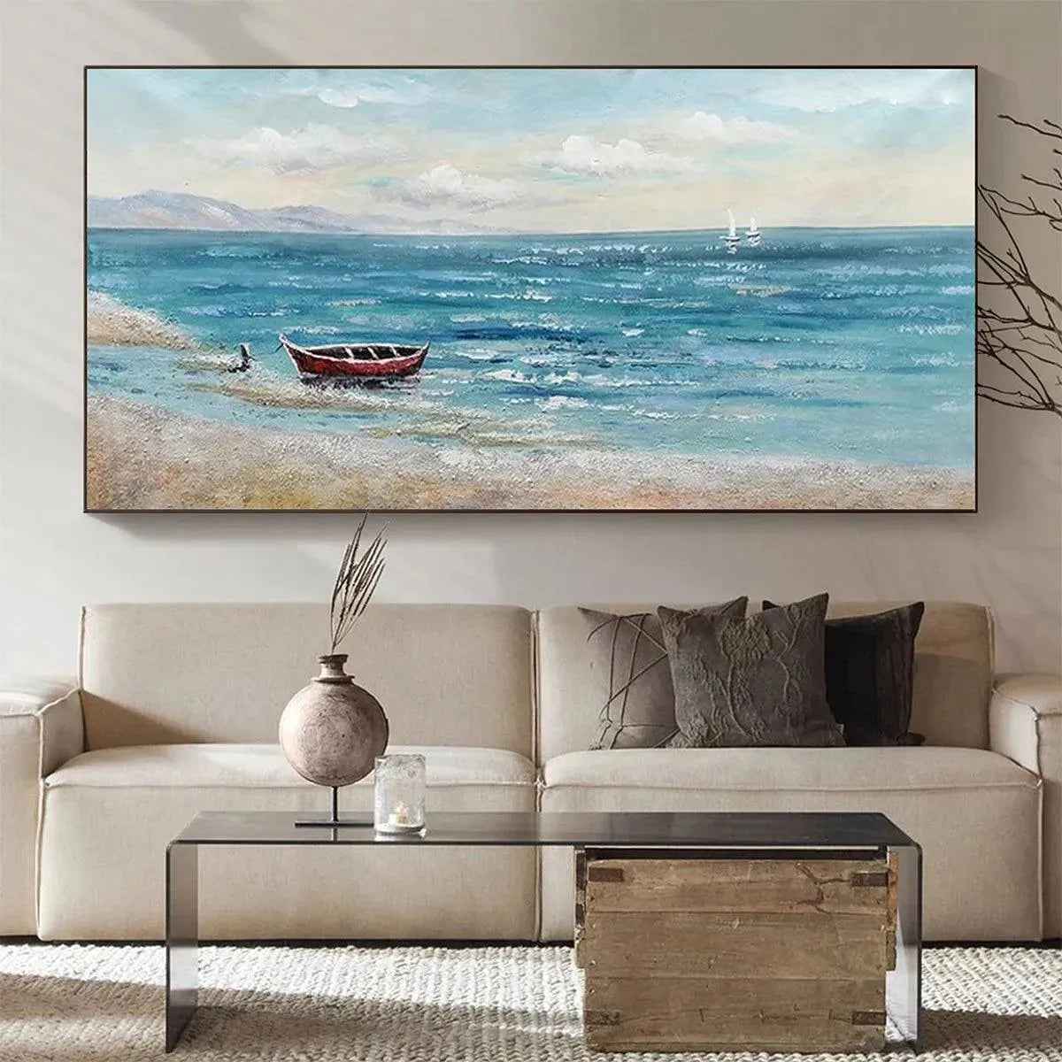RED BOAT AT THE SHORE: Tranquil Coastal Landscape Painting - Image 2