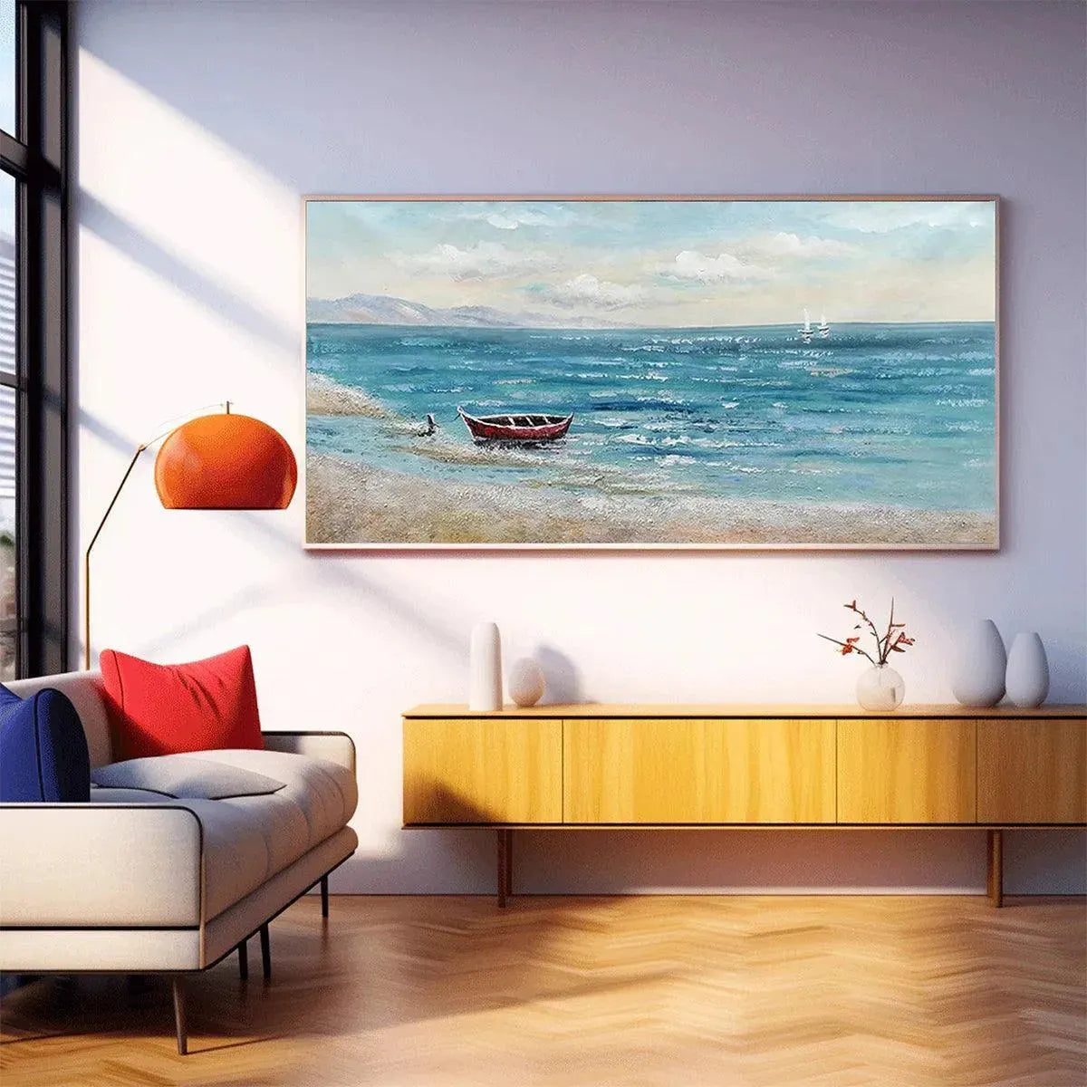 RED BOAT AT THE SHORE: Tranquil Coastal Landscape Painting - Image 7