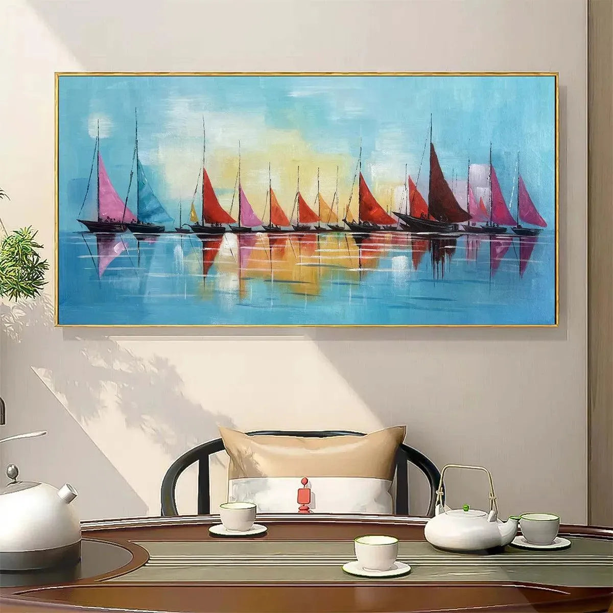 REGATTA: Colorful Sailboats Painting, Blue and Orange Wall Art, Horizontal Canvas, Coastal Decor - Image 8