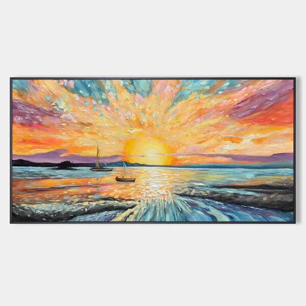 SAILING AT SUNSET: Vibrant Seascape Painting, Panoramic Canvas, Coastal Wall Art