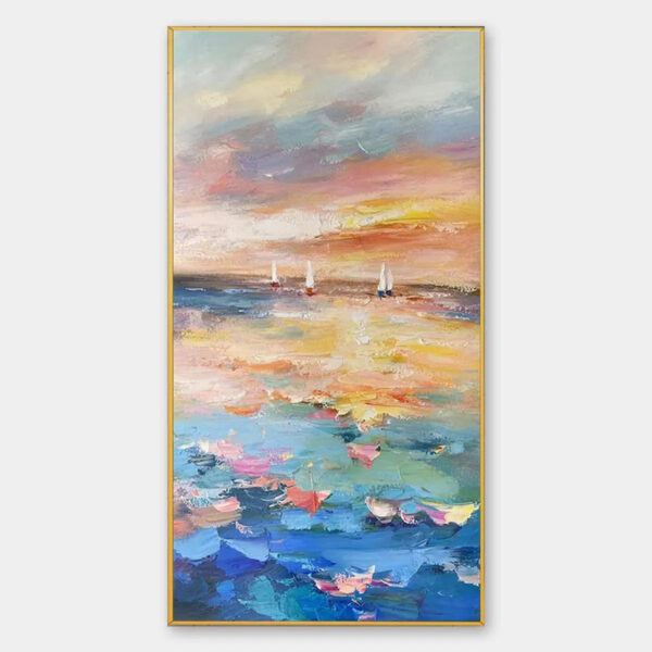 SAILING AT SUNSET: Colorful Seascape Painting, Textured Wall Art, Vertical Canvas, Beach Decor