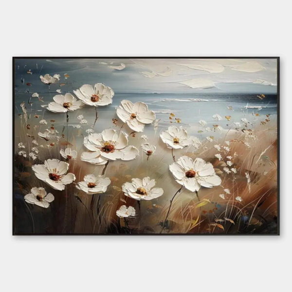 SEASIDE BLOSSOMS: Textured Floral Painting, Impasto Wall Art, Horizontal Canvas, Coastal Decor