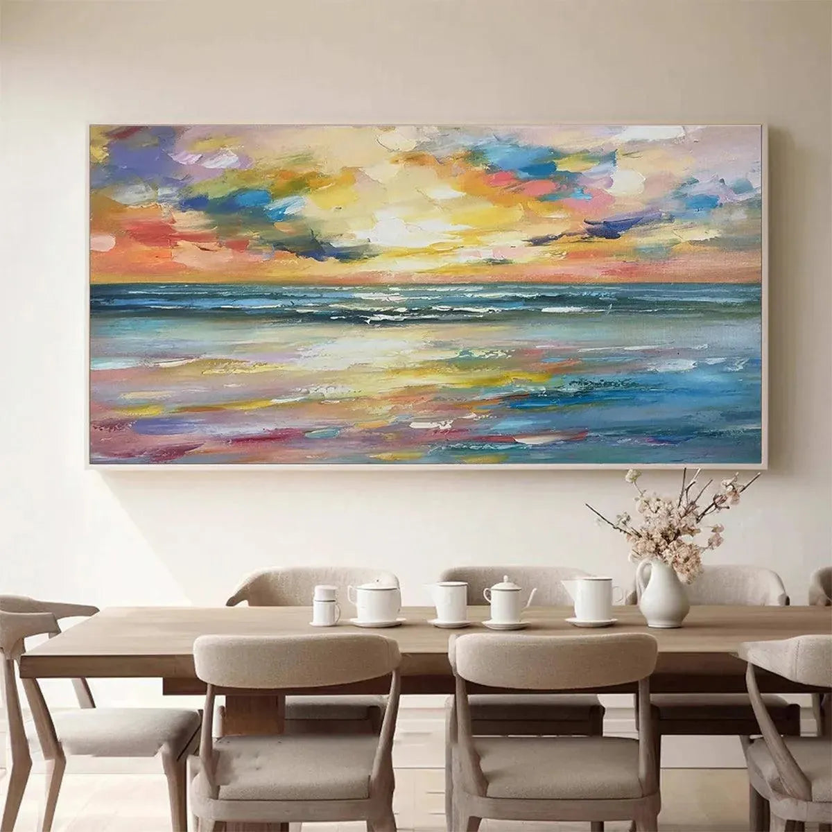 SEASIDE SUNSET SERENADE: Ocean Painting, Impasto Texture, Sunset Beach, Panoramic Wall Art, Horizontal Canvas - Image 3