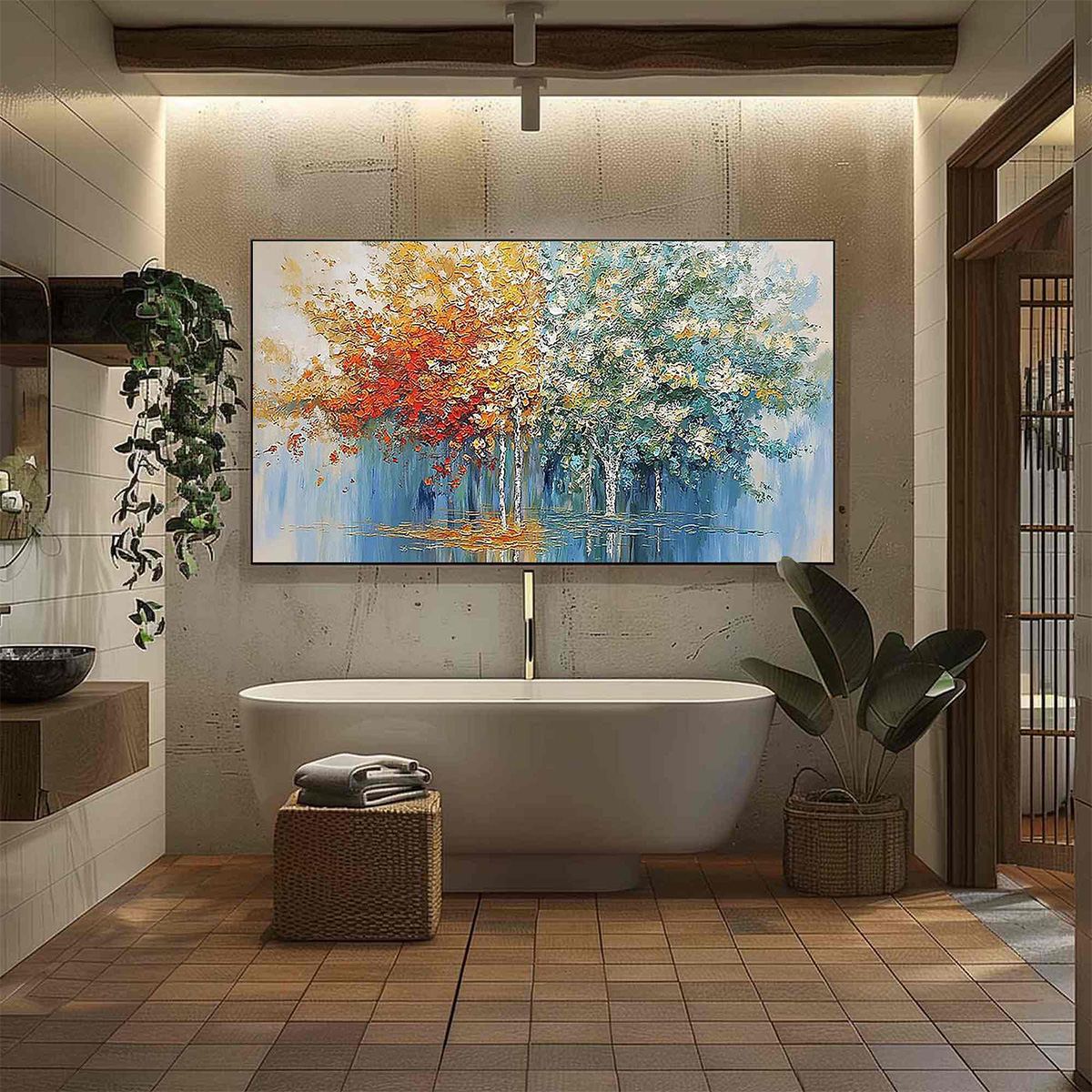 SEASONAL EMBRACE: Textured Palette Knife Forest Reflection Painting - Image 4