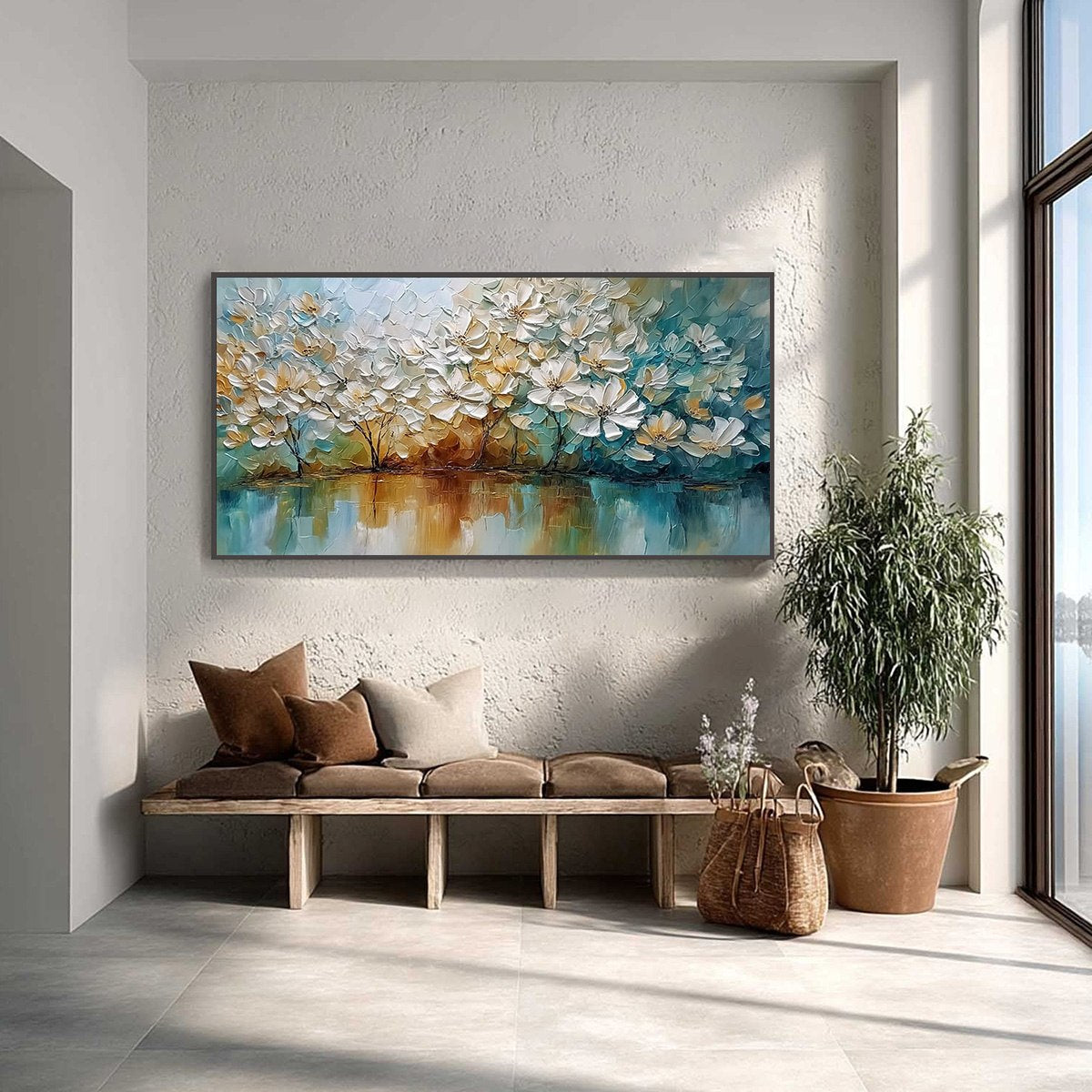 SERENE BLOOMS: Textured Floral Landscape Impasto Oil Painting - Image 2