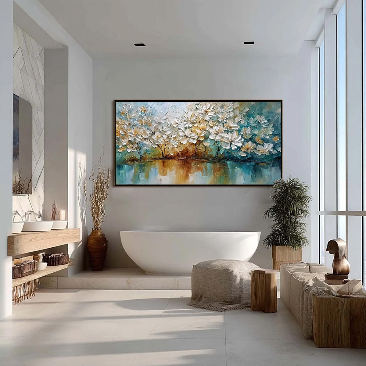 SERENE BLOOMS: Textured Floral Landscape Impasto Oil Painting - Image 4
