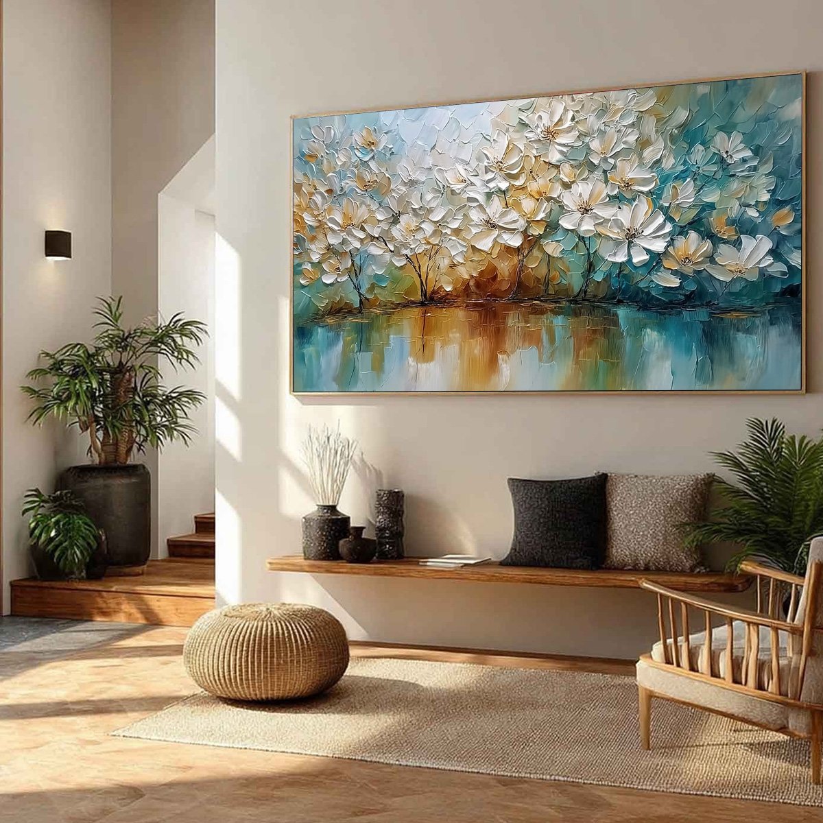SERENE BLOOMS: Textured Floral Landscape Impasto Oil Painting - Image 8