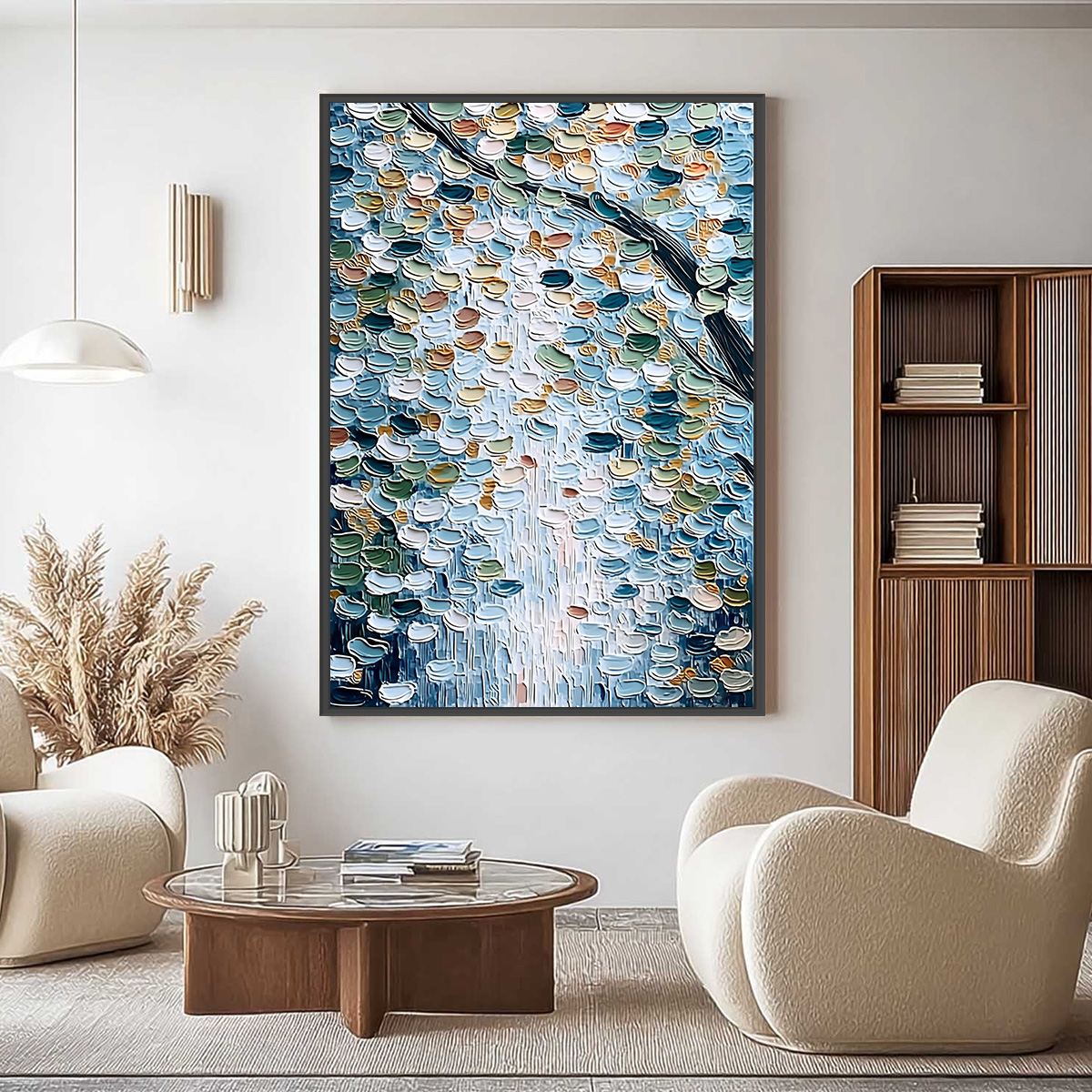 SERENE CASCADE: Textured Abstract Impasto Painting of Falling Leaves - Image 2