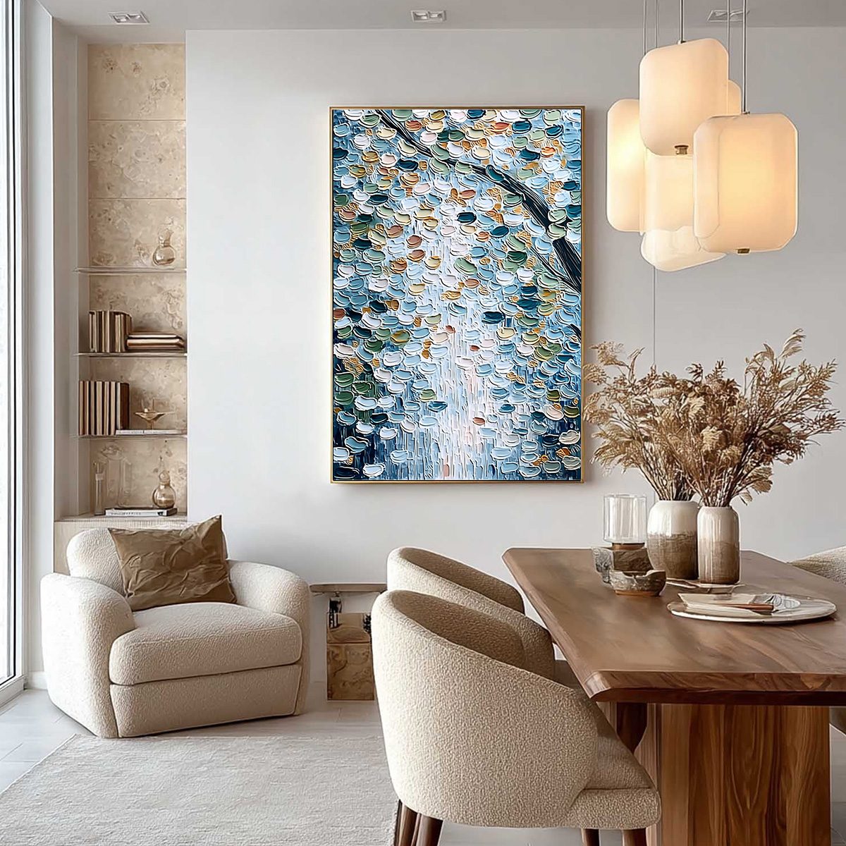 SERENE CASCADE: Textured Abstract Impasto Painting of Falling Leaves - Image 4