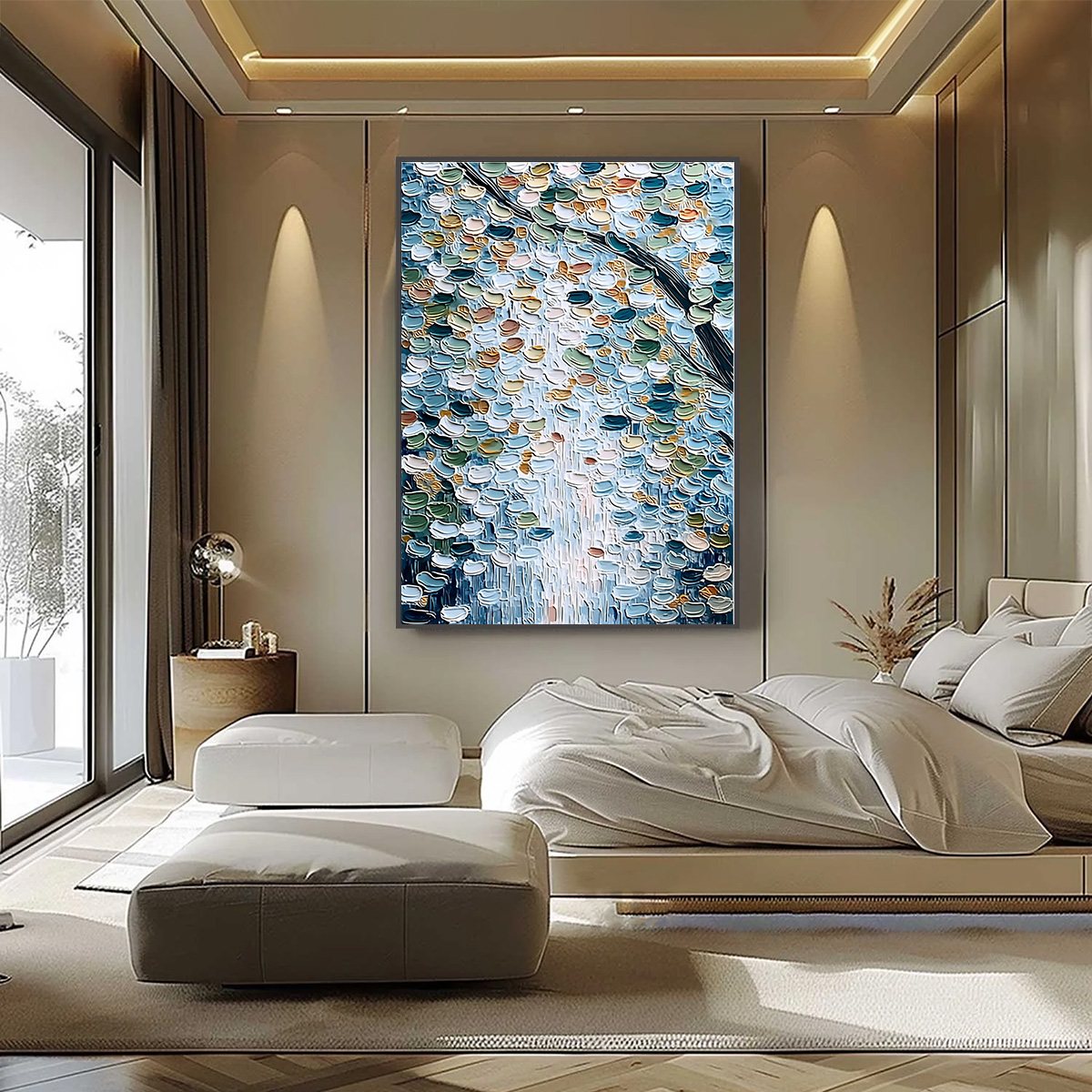 SERENE CASCADE: Textured Abstract Impasto Painting of Falling Leaves - Image 6
