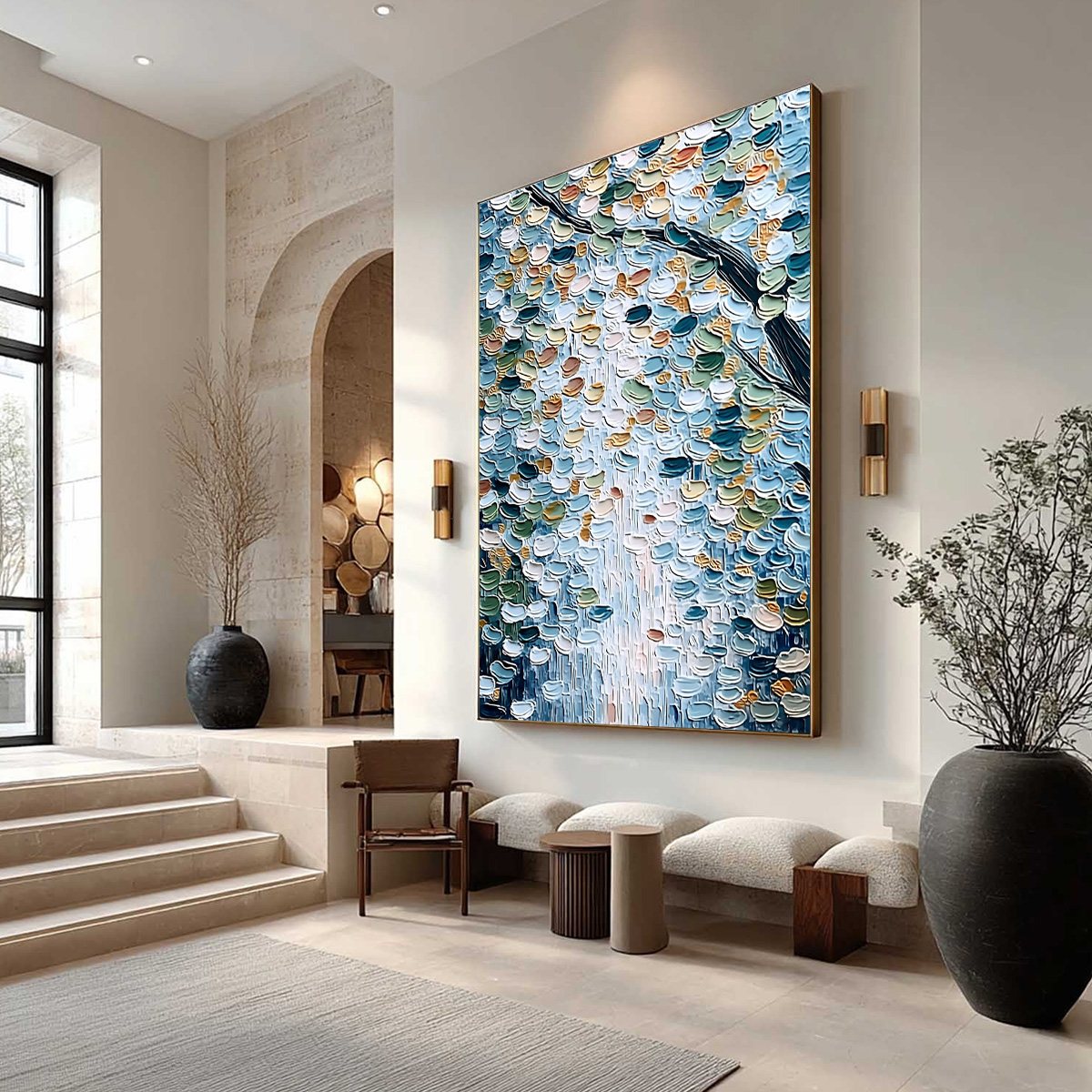 SERENE CASCADE: Textured Abstract Impasto Painting of Falling Leaves - Image 7