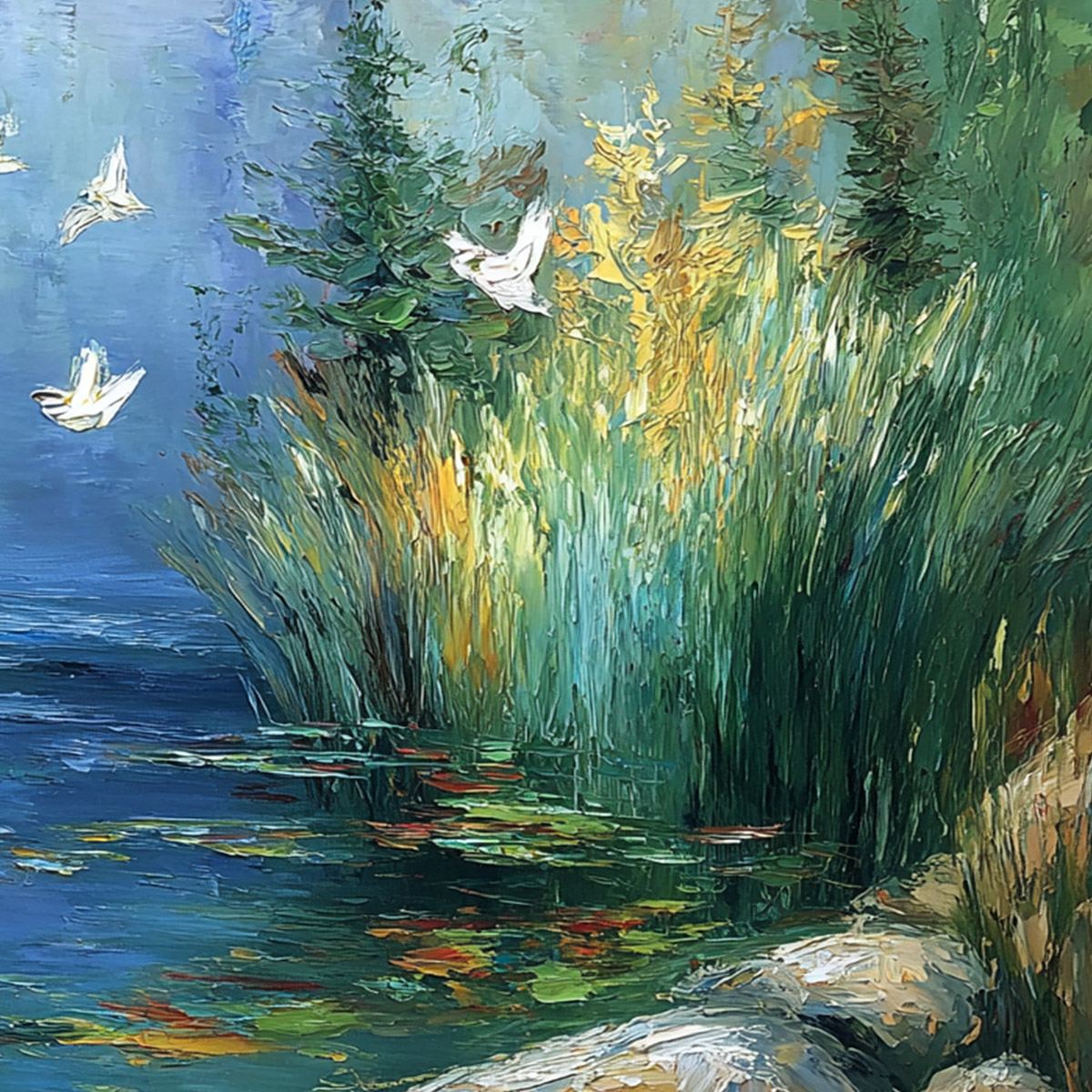SERENE FLIGHT: Textured Impasto Landscape Painting of a River Sanctuary - Image 5