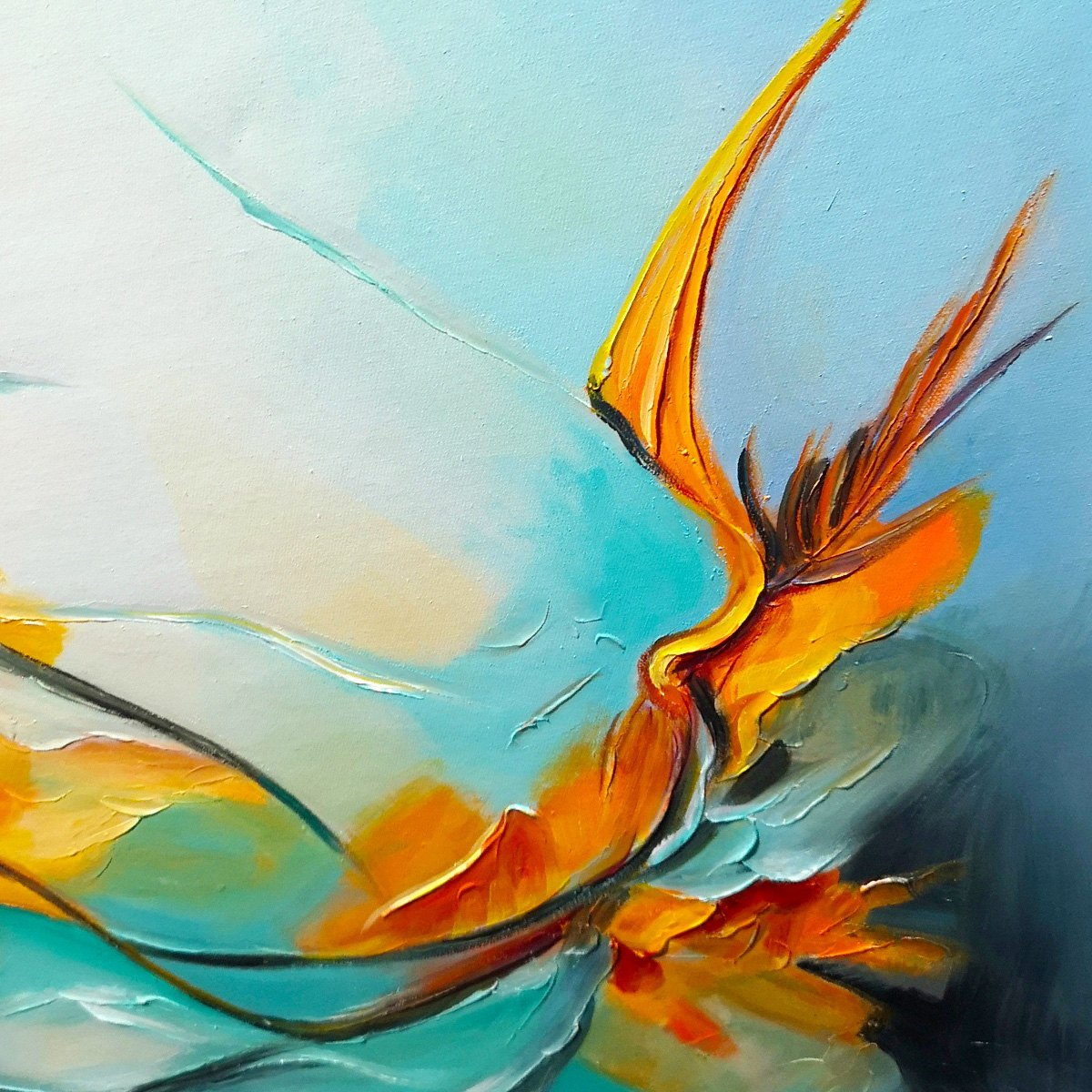 SERENE DAWN: Panoramic Abstract Teal and Gold Oil Painting - Image 3